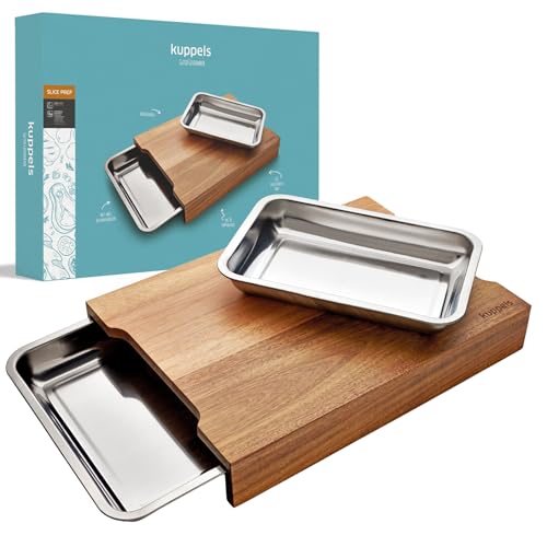 Kuppels SLICE Prep Akazienholz Schneidebrett mit Auffangschalen 47x33,5 cm, Profi Holzbrett Küche mit Aufbewahrungssystem für Gemüse & Fleisch, Pflegeleichtes, robustes Brett mit 2 Schalen