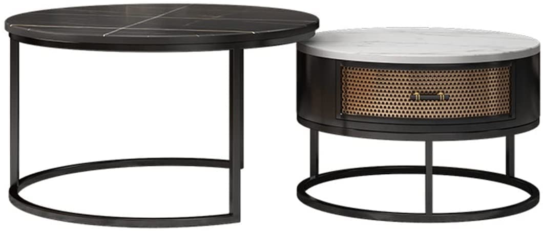 Tavolino ad incastro Set di 2 tavolini Rotondi Tavolino Moderno Cerchio Piano d'appoggio con cassetti per Soggiorno Camera da Letto Appartamento Moderno (Colore : Nero, Dimensioni : 70 * 45cm+50