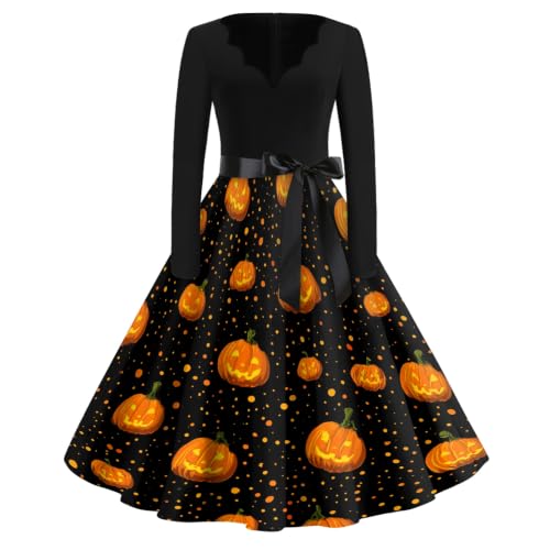 Vestido midi de mujer manga larga escote en V con calabazas de Halloween