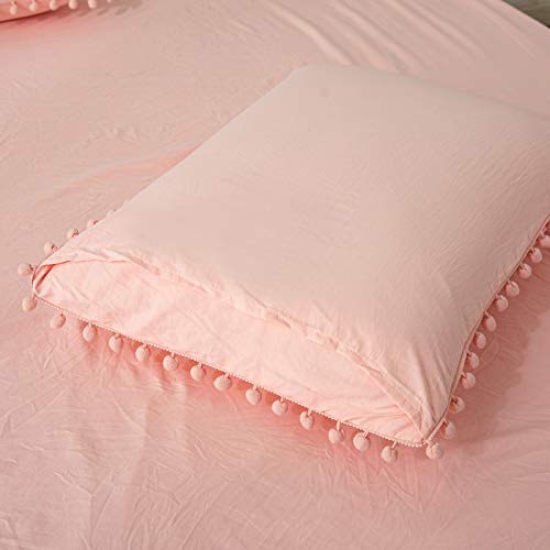 MOVE OVER Pink/Peach Pom Poms Pillow Case, Pink Standard Pillowcases Set of 2, 100% Washed Microfiber, Pink Girls Ball Fringe Pillow Shams, 2 Pack (Standard, Pink/Peach)