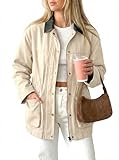 GALMINT Barn Jackets for Women Contrast Collar Utility Jacket Zip Up Drawstring Waist Barn Coat 2025 with Pockets