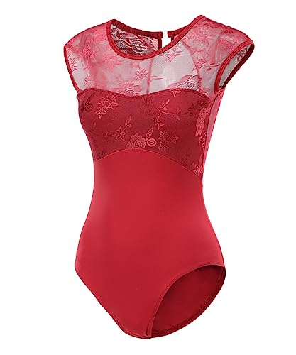 Lanbodance - Lanbodance Justaucorps de ballet à manches courtes pour femme pour adulte, Dentelle rouge bordeaux, Large