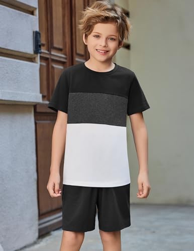 Image of Arshiner Boys' 2-Piece Cotton Outfit Color Block T-Shirt and Shorts Set Summer Camo Clothes for Kids 5-14 Years