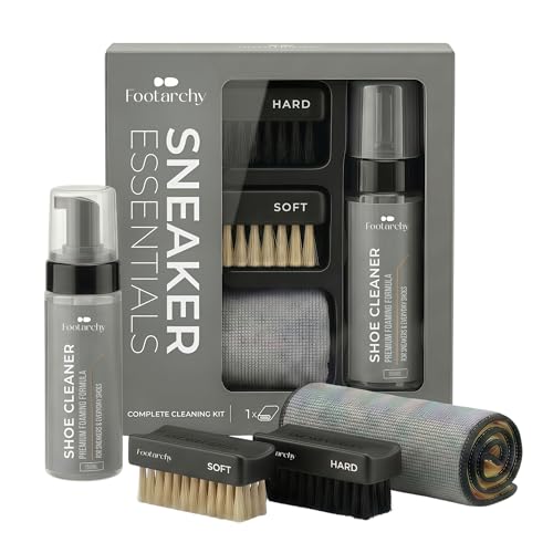 Footarchy Kit Limpieza Zapatillas Profesional - Espuma 150ml con 2 Cepillos (Soft y Hard) y Microfibra Doble Cara, Ideal para Cuero Goma Plastico y Suelas - Limpiador Zapatos sin agua