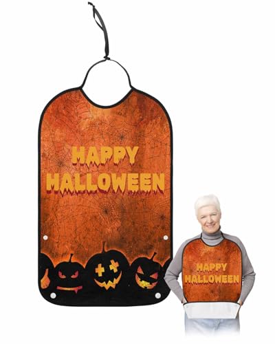 Halloween Adult Bib for Adults Men, Women, Fall Black Orange Ghost Pumpkins Horror Washable & Adjustable Terry Cloth Bib with Crumb Catcher Reusable Waterproof Clothing Clothes Protector Apron