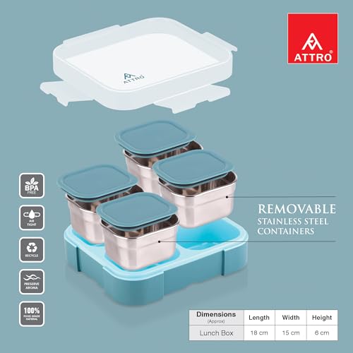Image of ATTRO Admire-4 Insulated Lunch Box | 4 Removable Stainless Steel Containers with Lids | BPA-Free, Food Grade, Leak-Proof| Ideal for School, Office & Outdoor Use| 800ml, Aqua Blue