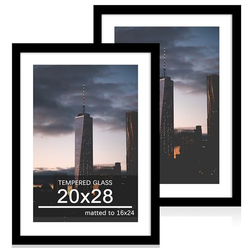 ccdcc 20x28 Poster Frame Set of 2, 20 x 28 Wood Picture Frames with Mat for 16x24, Wooden Photo Frame with Tempered Glass Cover for Wall Mounting Display, Black