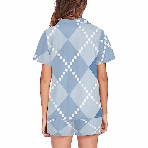 Interestprint Women Pajama Set, Blue Argyle Pattern Sleep-Wear For Ladies Pjs Sets Casual Sleep-Wear Lounge Sets Sleep-Wear Tops With Pants S #TOP1