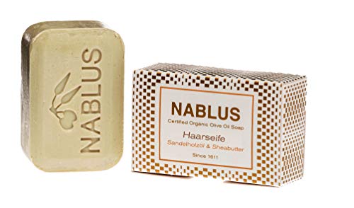 Nablus Soap Haarseife, Sandelholzöl & Sheabutter, biozertifizierte Olivenölseife für die Haare, auch als Bartseife ideal, PALMÖLFREI, parfümfrei, 100g Cover