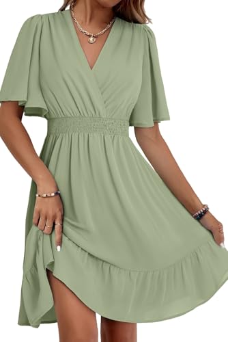 Image of Dokotoo Summer Dresses 2025 Trendy Casual Deep V Neck Elegant Ruffle Mini Dress Waist Dresses Outfits Dresses for Women Party Wedding Guest Sundresses Vacation Beach Mini Dress Laurel Green XX-Large