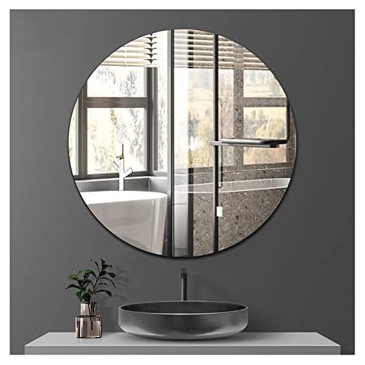 Sqinor Self Adhesive Round Mirror Frameless Glass Stick On Wall Mirror, 40cm Circle Bathroom Mirror Decorative Mirrors for Bathroom Living Room Entryways Hallway Dressing Table