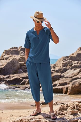 COOFANDY Men's 2 Pieces Linen Set Henley Shirt Short Sleeve and Harem Capri Pants Wide Leg Baggy Beach Yoga Trousers Outfits3