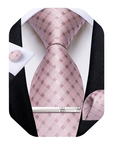 Image of DiBanGu Plaid Ties for Men Silk Checkered Necktie and Pocket Square Cufflinks Tie Clip Set with Gift Box for Wedding Business