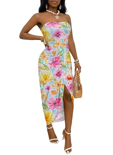 Image of Umenlele Women's Strapless Ruched High Waist Wrap Split Asymmetrical Beach Maxi Long Dress