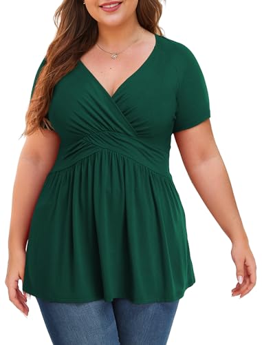 Image of Anelune Ladies Tops Plus Size Womens Tops V Neck Short Sleeve Summer Tunic Tops Loose Casual Blouse L-4XL Dark Green