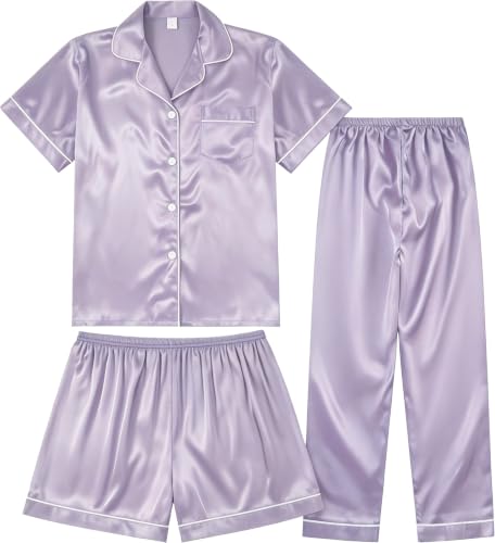 Image of 3 Piece Silk Satin Pajama Set for Women Soft Short Sleeve Button Down Pjs with Shorts Long Pants Sleepwear S-XXXL