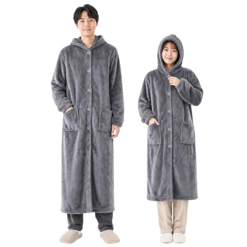 [Winthome] 着る毛布 ルームウェア フランネル ふわふわ 部屋着 男女兼用 フード付き 前ボタン 両側ポケット 吸湿発熱 帯電防止 洗濯可 在宅 秋冬 M/L (グレー, M-着丈110cm)