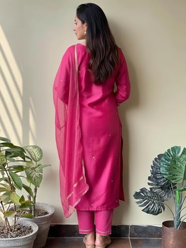 Image of ANNI Designer Women's Pure Cotton Kurta Plazzo Dupatta Set | Hand Embroidered Neck Design | Ethnic Wear Kurti Set for Women Cotton Suit Set | Traditional Festive Dress for Women