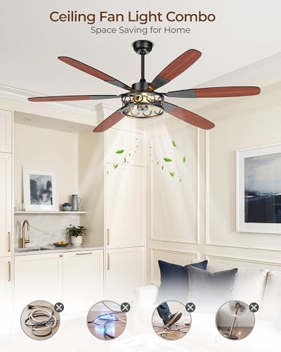 Image of Ceiling Fans with Lights and Remote, 62'' Vintage Caged Ceiling Fan with Light, 6 Blades, 6+1 Speed, Flush Mount Ceiling Fan Whisper-quiet for Farmhouse, Living Room, Kitchen and Porch (62 Inch)