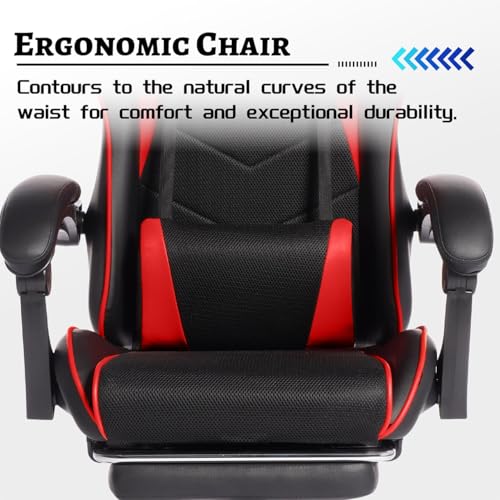 Image of Gaming Desk Chair for Adults, Ergonomic Gaming Chair with Footrest & Headrest and Lumbar Support, Leather Material Height Adjustable Computer Video Game Chairs (Red Upgrade)