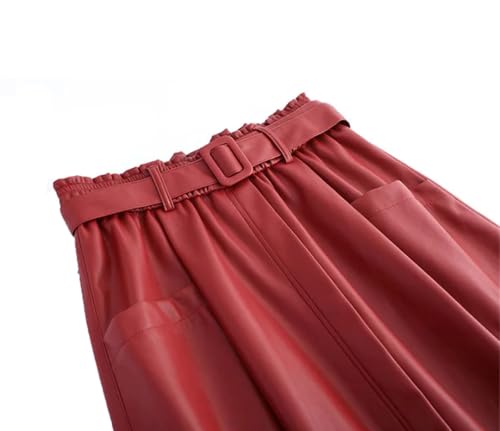 Women Leather Skirt Stretch Waist A-Line Loose Long Skirt with Pocket Casual Skirts3