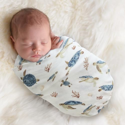 Image of LifeTree Baby Swaddle Blanket, 70% Viscose from Bamboo and 30% Cotton Muslin Swaddles Blankets Boys Girls, Sea Turtle Swaddling Blanket for Newborn, Super Soft Large 47 inch x 47 inch