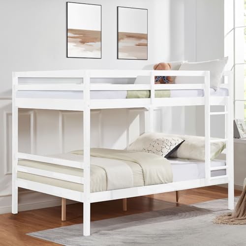 FLEXISPOT Full Over Full Solid Wood Bunk Bed with Ladder,Wooden Bunk Bed with High Guardrail and Ladder for Kids, Teens, Dorm Rooms, and Guest Rooms,No Box Spring Needed,White