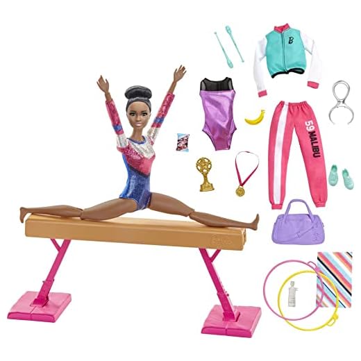 Barbie Gymnastics Playset with Doll and 15+ Accessories, Twirling Gymnast Toy with Balance Beam, Brunette Doll