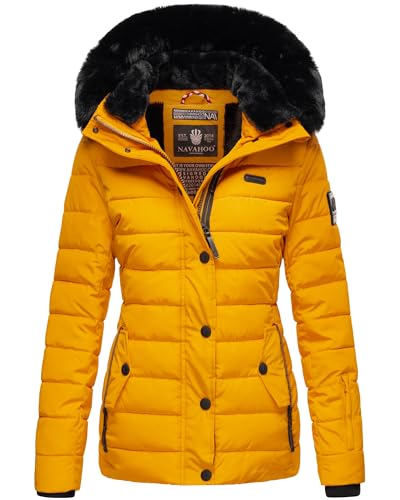 Navahoo Damen Winterjacke Steppjacke mit Kunstfell warm Kapuze Milianaa XS-XXL (DE/NL/SE/PL, Alphanumerisch, S, Regular, Regular, Gelb)