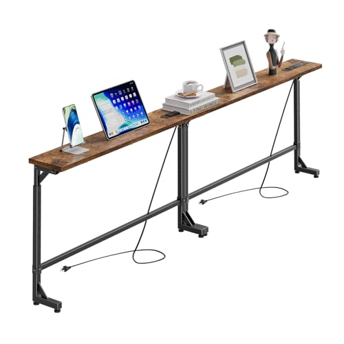 Simple Trending 78.75 Console Table Narrow Behind Couch Table Adjustable Sofa Tables with Outlet for Living Room Rustic Brown