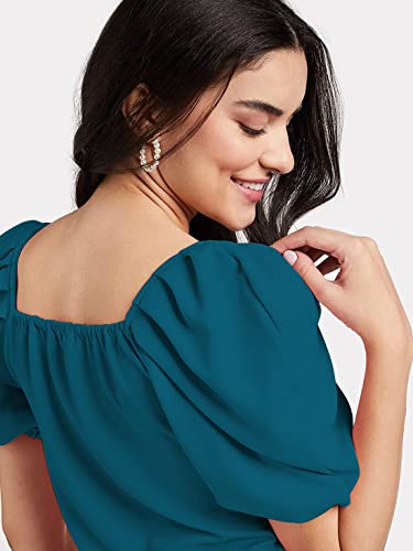 Image of Mehrang Women's Solid Ribbed Crop Tank Top Ribbed Tops for Women V-Neck 3 /4th Balloon Sleeves