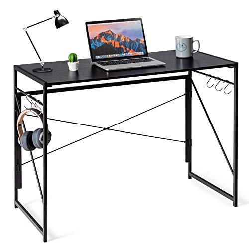COSTWAY Folding Computer Desk, Modern Simple Study Desk Writing Workstation with 6 Hooks and Crossbars, Space Saving Small PC Laptop Table for Home Office, 100x50x75cm (Black)