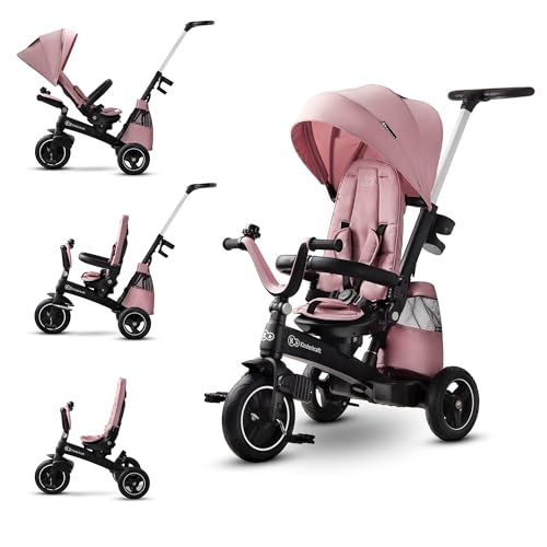 Kinderkraft EASYTWIST Triciclo Infantil, con Accesorios, Ventana de Techo, Cinturones de Seguridad, rotación de 360 Grados, Rueda Libre, Barra de Empuje, a Partir de 9 Meses hasta 5 años, Rosa