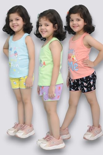 Image of Chandrika Kids Cotton Coordinated Set Pack of 3 half Sleeve And sleeveless T-Shirts & Shorts and skirt Baby Girls Summer Dress Combo