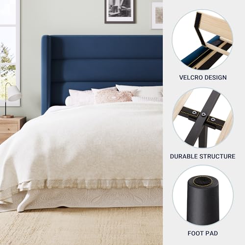 Image of Allewie King Size Platform Bed Frame with Velvet Upholstered Wingback Headboard, No Box Spring Needed, Under Bed Storage Space, Wooden Slats, Modern Mattress Foundation, Easy Assembly, Blue