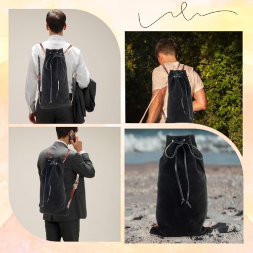 Image of GORGECRAFT Medieval Backpack Black Drawstring Fibre Bag with PU Leather Straps and Alloy Clasps Portable Pouch for Viking LARP Renaissance Outdoor Activities Cosplay Gym Workout Hiking 18x10.8 inch