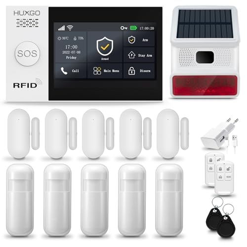 HUXGO® HXA007 Alarmanlage Haus WiFi + GSM 4G mit Solar Funk Sirene | Wohnungsschutz mit App. TUYA | Alarm System mit 5X Bewegungsmelder, 5X Tür- und Fenstersensor | Alarmanlage für Wohnmobile