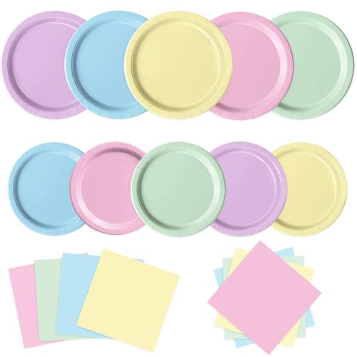 Oigco 60 PCS Pastel Paper Plates and Napkins Pastel Party Decorations Rainbow Paper Plates for Colorful Birthday Baby Shower Wedding