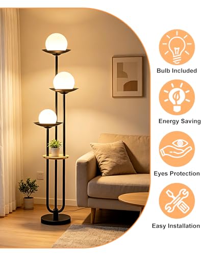 Image of Lightdot 3-Globe Dimmable Floor Lamp with Table Modern Floor Lamps with 5Lbs Heavy Base for Wedding /Party 3000K Warm White Bulbs Included Black Standing Lamp for Living Room /Bedroom /Sofa Beside /Corner