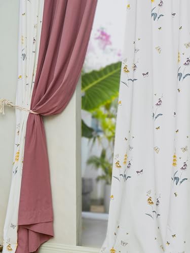 Image of Tranquebar Curtain Co. Window Curtains 5 Feet, 60-65% Room Darkening, Yellow Butterfly & Floral Print, Cotton Curtains for Window, Cotton Curtains 5 Feet Set of 3, BackTabs, Titli Red Combo (152 cm)