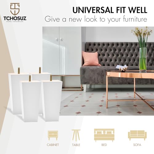 TCHOSUZ 6 Inch / 15cm Wooden Furniture Legs, Set of 4 Solid Wood Mid-Century Modern Pyramid Replacement Feet, Square Sofa Legs with 5/16" Bolts & Anti-Slip Pads for Sofa Ottoman Table Dresser White by TCHOSUZ - Image 6