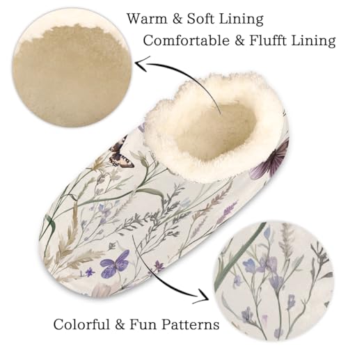 Watercolor Purple Wildflowers Butterflies Slippers for Women Slipper Socks Soft Fuzzy House Slippers Shoes for Indoor Bedroom, Winter Cozy Christmas Gifts2