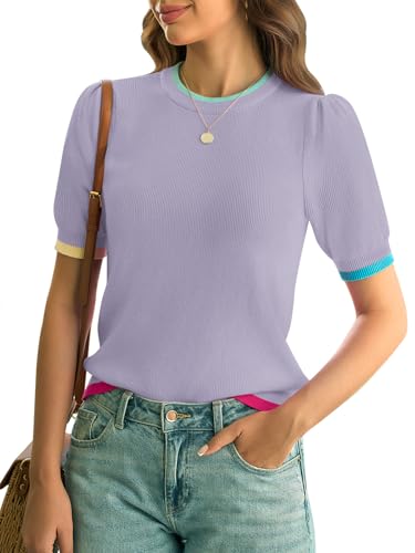 Image of Yousify Womens Puff Short Sleeve Sweater Top Summer Trendy Crew Neck Casual T Shirts Blouses