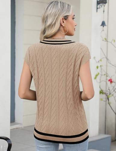 LOMON Womens V Neck Sweater Vest Cap Sleeve Cable Knit Casual Loose Fit Pullover Sleeveless Tank Top4