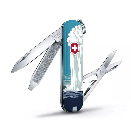 Image of Victorinox Classic SD Swiss Army Knife, Yellowstone National Park | 7-Function Swiss Mini Knife, Small Blade, Nail File, Screwdriver, Key Ring, Swiss Made, Compact EDC for Keys and Bags