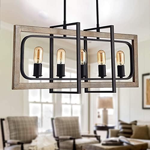 TZOE Rectangle Dinning Room Chandeliers,Rustic Pendant Lighting for Kitchen Island, White Oak Wood Color Metal&Black Finish Vintage Industrial 5-Light Chandelier,L31.5" x W8.6" x H13.7"