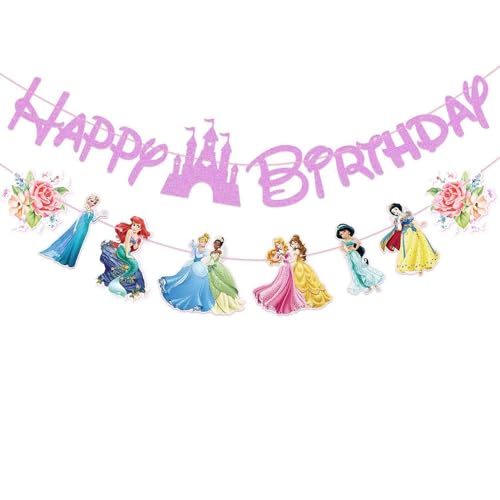 Princess Birthday Party Decorations, Cute Pink Glitter Happy Birthday Banner and Princess Banners for Girls, Party Decorations (Pink)