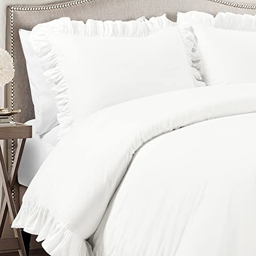 Image of Lush Decor Reyna Ruffle Cotton Duvet Cover Set 3 Piece Set King, Pure White - King Size Bedding Set - White Duvet King- Ruffled Bedding - Coquette Decor