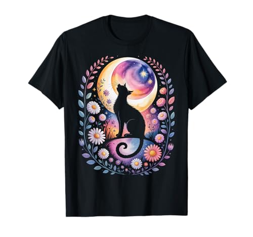 Mystic Moon Cat with Stars - Witchy Halloween Celestial Art T-Shirt