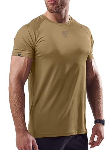 Satire Gym Shirt Herren Fitness Kleidung atmungsaktiv - Sport Tshirts Herren Kurzarm - Trainingsshirt Bodybuilding T-Shirt schnelltrocknend Athletic Fit - Sportswear Men Activewear (L, Khaki hell)